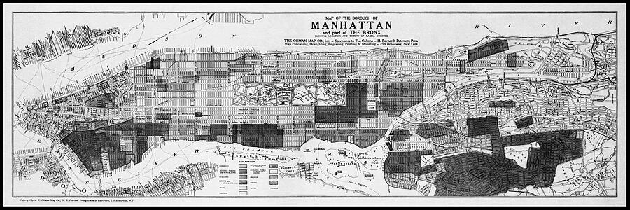 Manhattan and part of The Bronx New York Vintage Map 1920 Black and