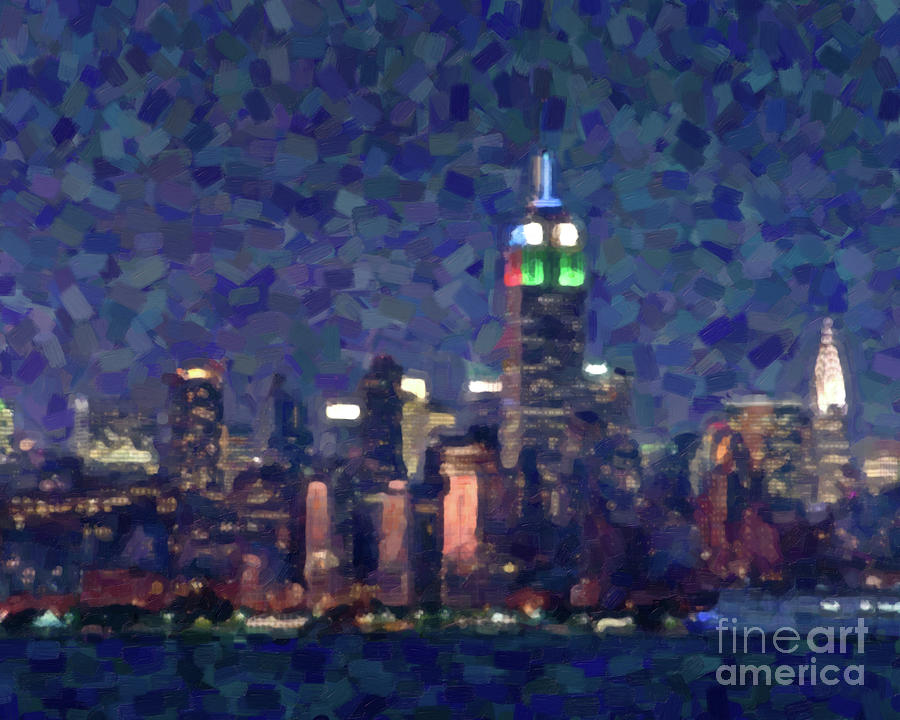 Manhattan at night painting Painting by Delphimages Photo Creations