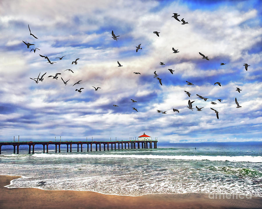 Manhattan Beach Pier And Seagulls, Sunrise, California Photograph by Don Schimmel
