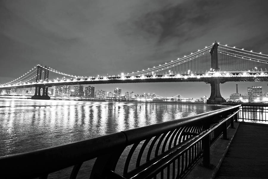 Manhattan bridge and Williamsburg bridge Black and White Photograph by Toby McGuire