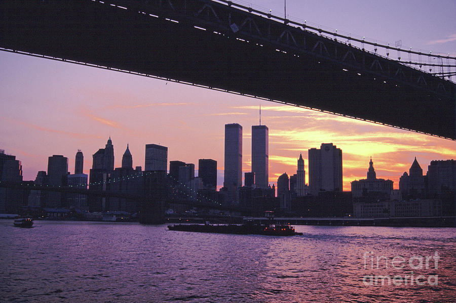 Manhattan Bridge And World Trade Center Towers At Sunset.  Photograph by Tom Wurl