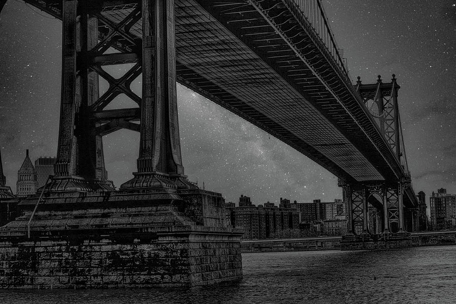 New York City Photograph - Manhattan Bridge Galaxy Skies Black White NY  by Chuck Kuhn