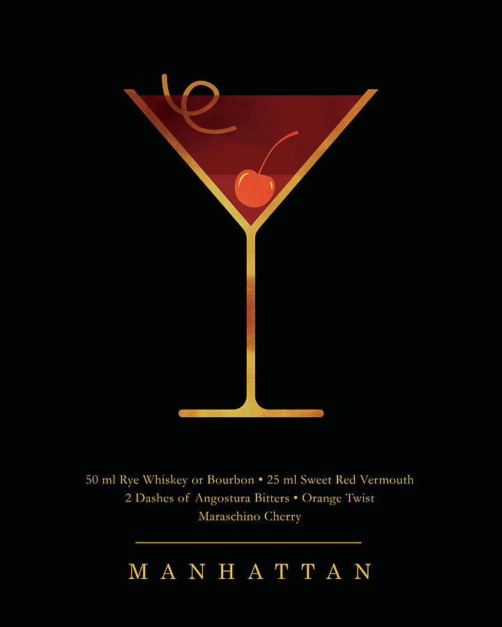 Manhattan Cocktail - Classic Cocktail Print - Black and Gold - Modern, Minimal Lounge Art  Digital Art by Studio Grafiikka