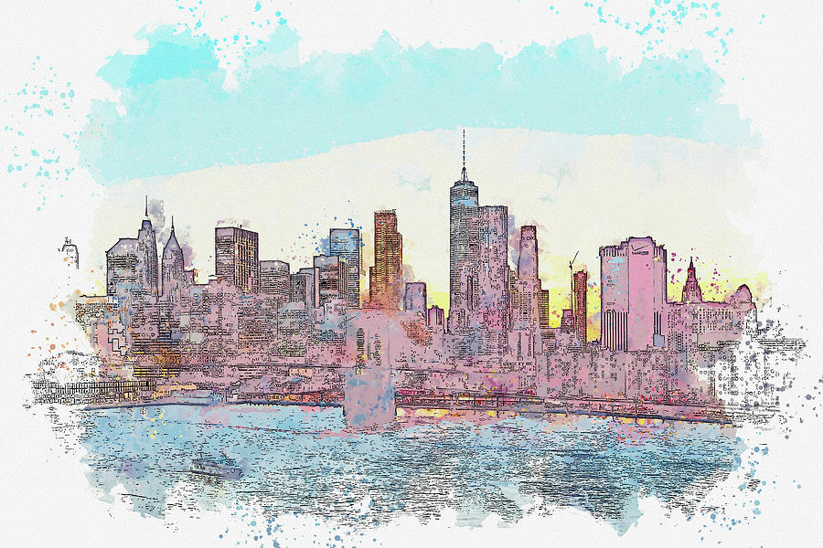 .manhattan New York City Manhattan Bridge Cityscape Sunset Painting