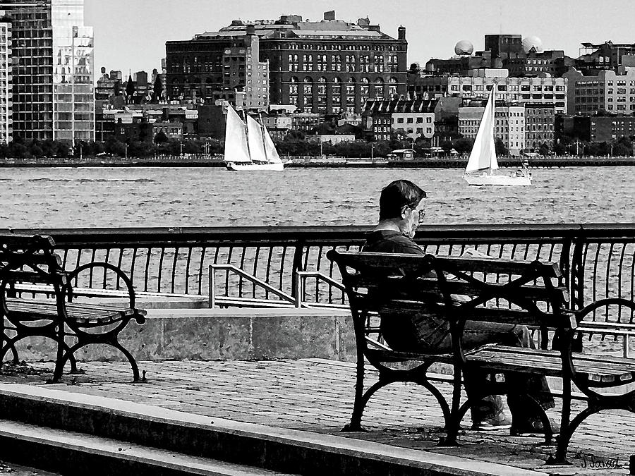 Manhattan NY - Relaxing by the Manhattan Skyline Black and White Photograph by Susan Savad