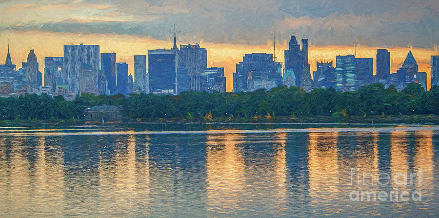 Manhattan Skyline from Central Park Reservoir Digital Art by Liz Leyden