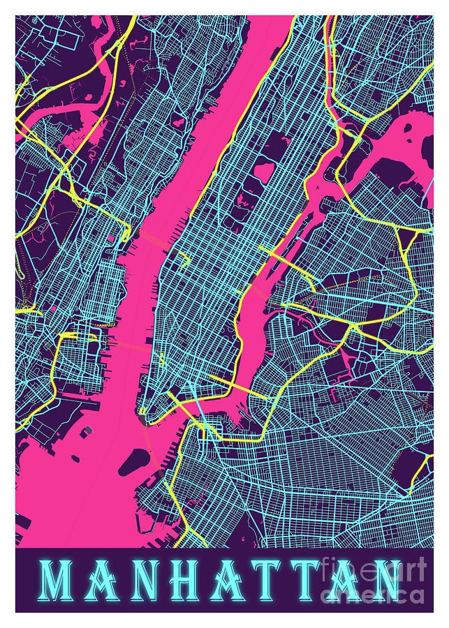 Manhattan United States Neon City Map Digital Art By Tien Stencil Fine Art America 7921