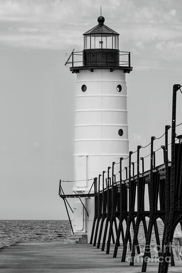 Manistee Lighthouse And Pier Grayscale Photograph by Jennifer White