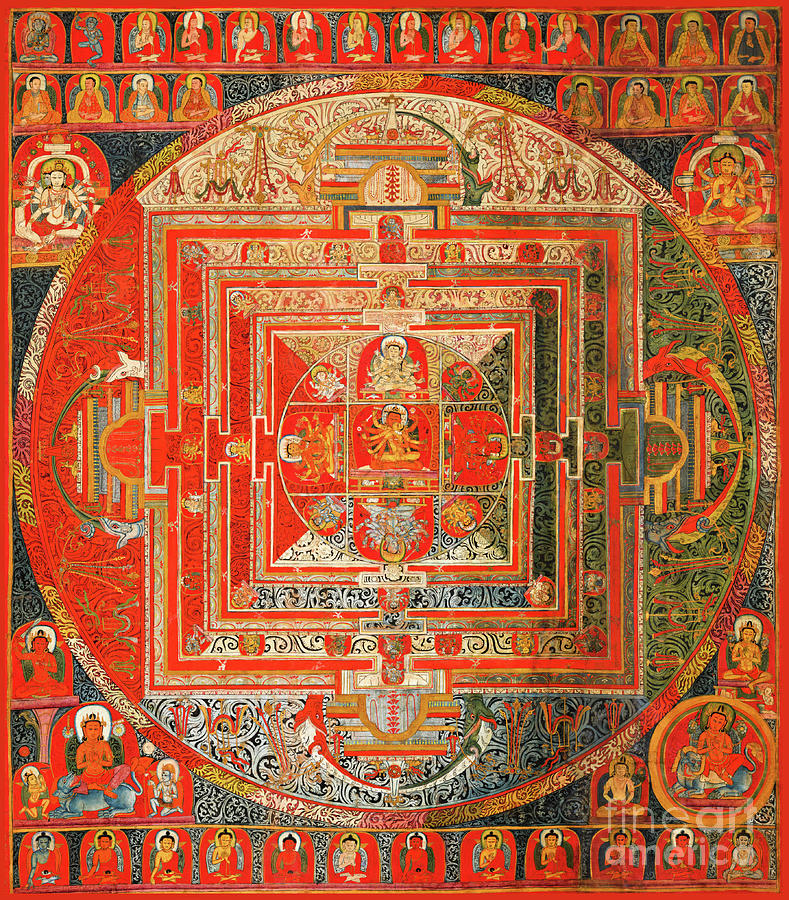 Manjuvajra Mandala Thangka with 43 Dieties Tibet circa 1450 AD Painting by Peter Ogden
