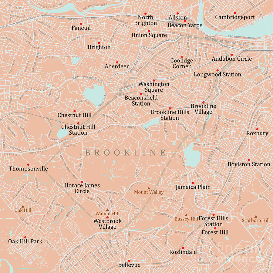 MA Norfolk Brookline Vector Road Map Digital Art by Frank Ramspott ...