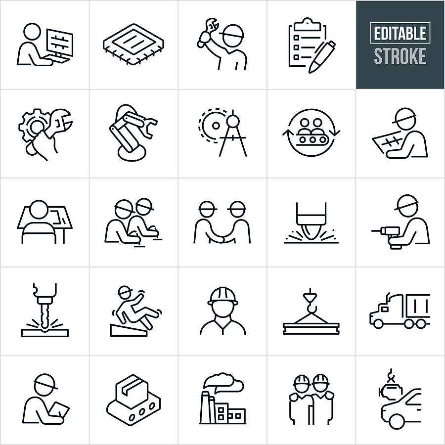 Manufacturing Thin Line Icons - Editable Stroke Drawing by Appleuzr