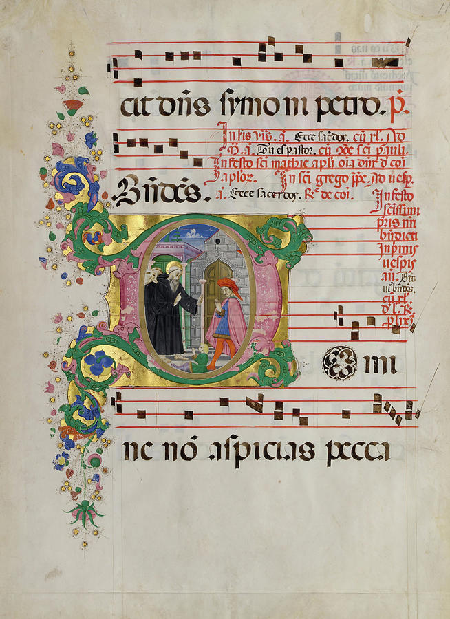 Manuscript Leaf with Saint Benedict Resuscitating a Boy in an Initial D, from an Antiphonary. Painting by Master of the Riccardiana Lactantius