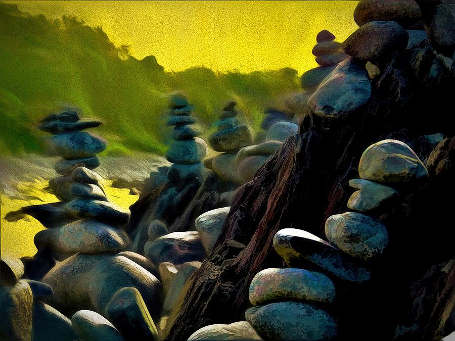Many Stone Cairn Structures Northern Beaches Cairns Queensland Mixed Media by Joan Stratton