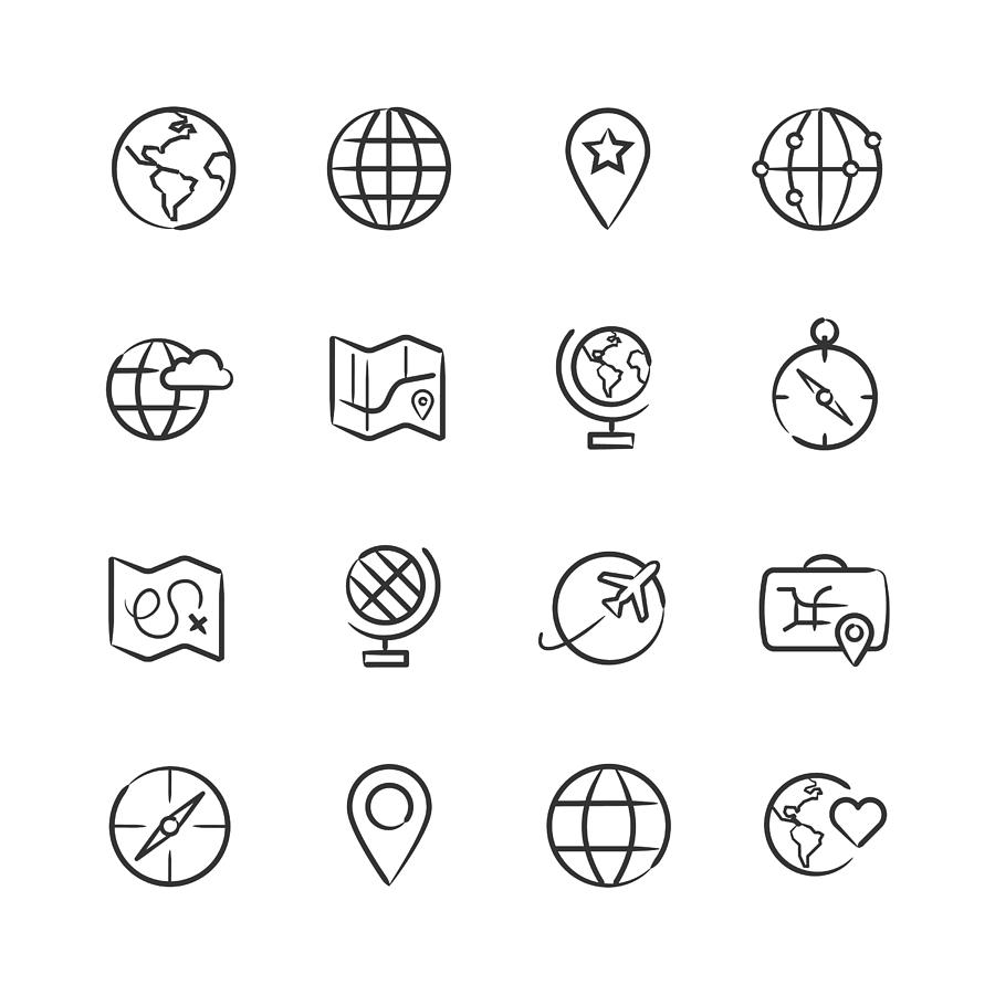 Map and Globe Icons — Sketchy Series Drawing by RLT_Images