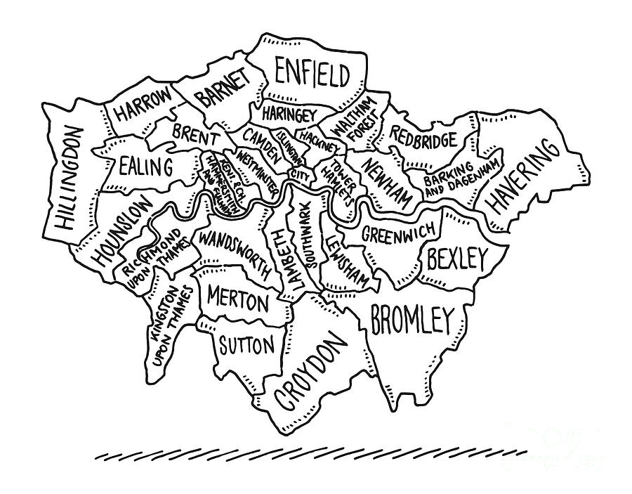 Black And White Drawing - Map Boroughs Of London Drawing by Frank Ramspott
