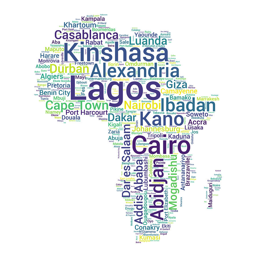 Map of Africa with Word Cloud of City Names Digital Art by Alexios Ntounas