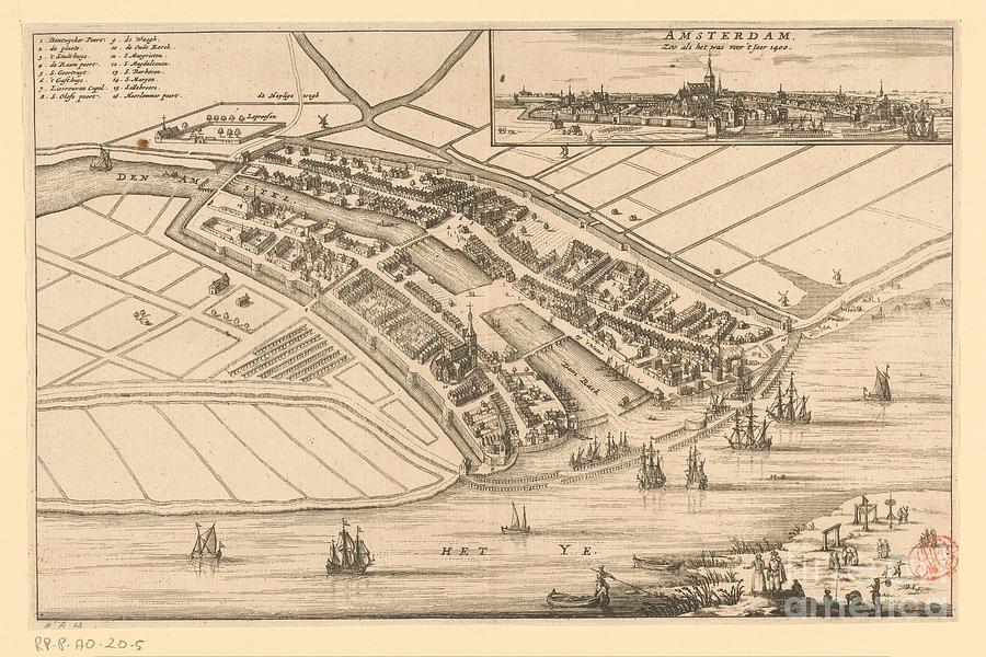 Map of Amsterdam with a cityscape, before 1400, Jacob van Meurs ...