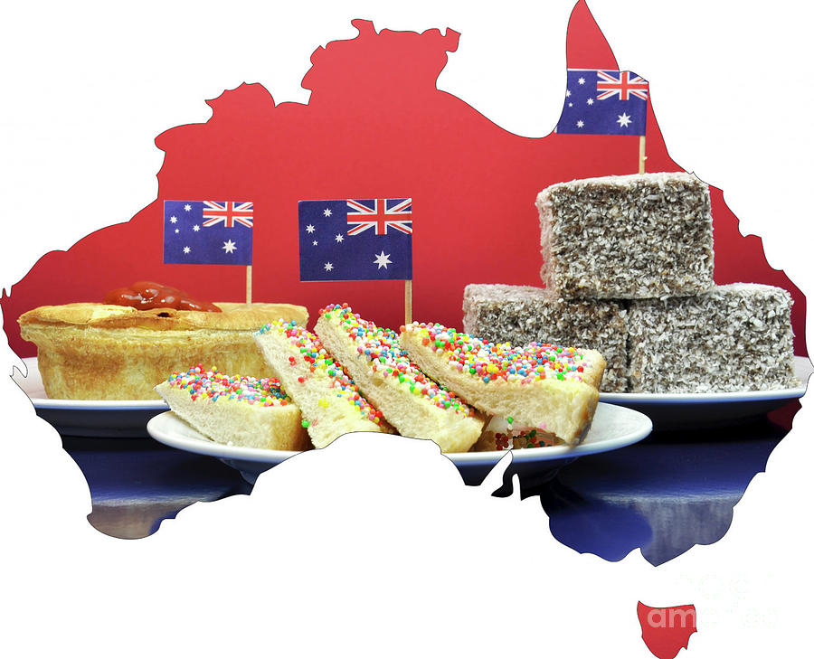 Map of Australia showing traditional Aussie tucker party food. Photograph by Milleflore Images