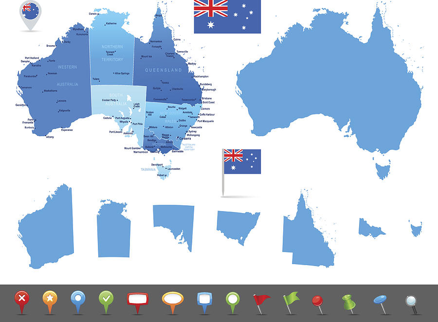 Map of Australia - states, cities and navigation icons Drawing by Pop_jop