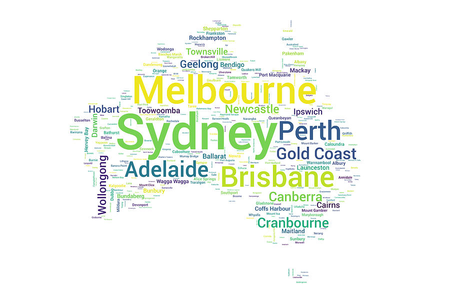 Map of Australia with Word Cloud of City Names Digital Art by Alexios Ntounas