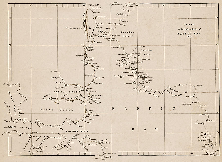 Map of Baffin Bay in Nunavut, Canada - 19th Century Drawing by Powerofforever