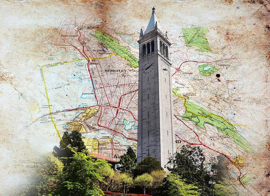 Map of Berkeley, California, on old paper with the Sather Tower Digital Art by Nicko Prints