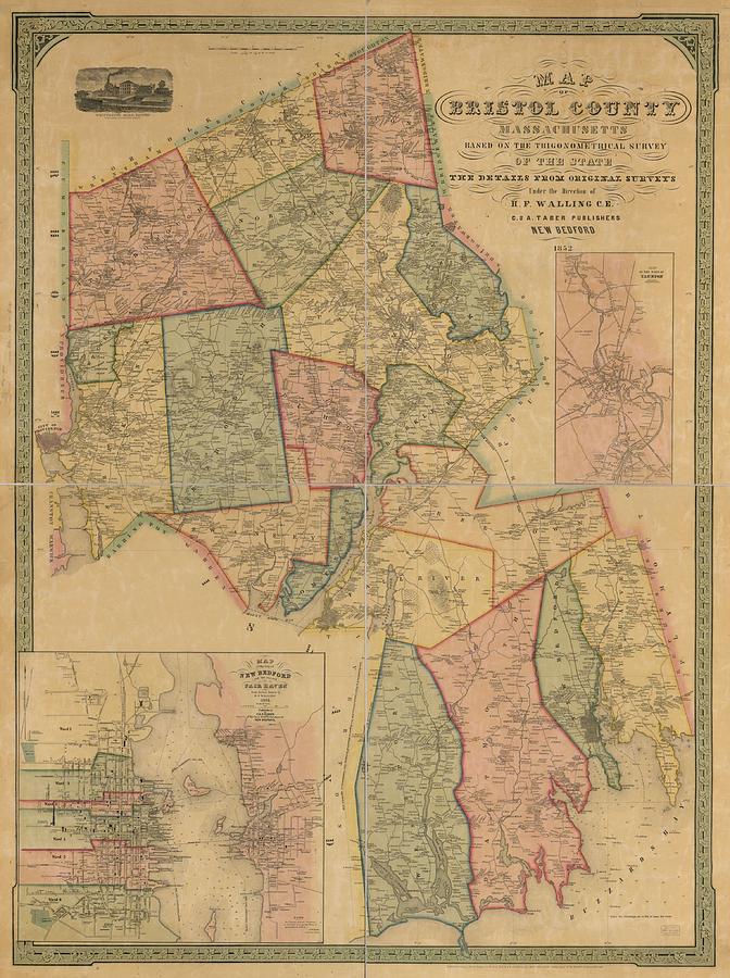 Map of Bristol County, Massachusetts 1852 Drawing by Linda Howes ...