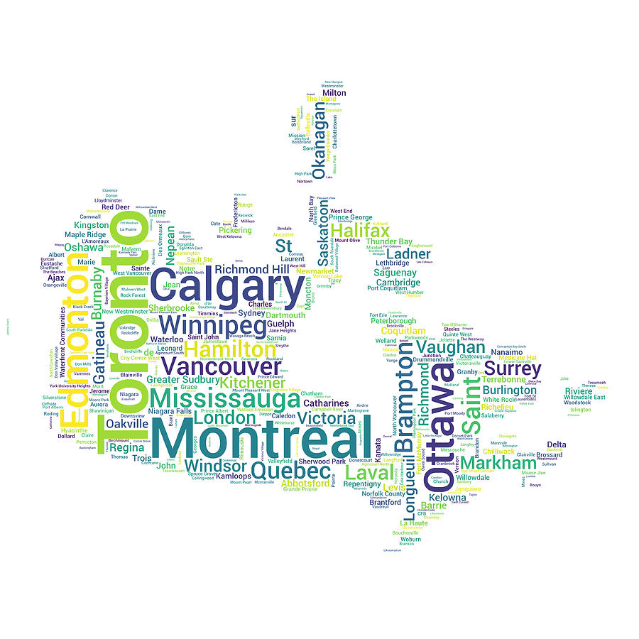 Map of Canada with Word Cloud of City Names Digital Art by Alexios Ntounas