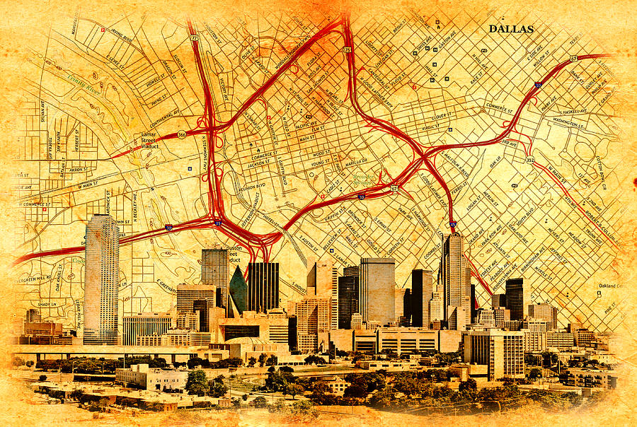 Map of Downtown Dallas with the skyline of the city blended on old paper Digital Art by Nicko Prints