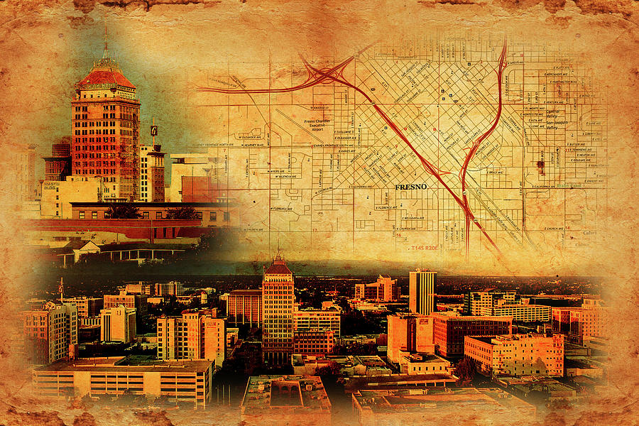 Map of Downtown Fresno on old paper, and panorama of central part Digital Art by Nicko Prints