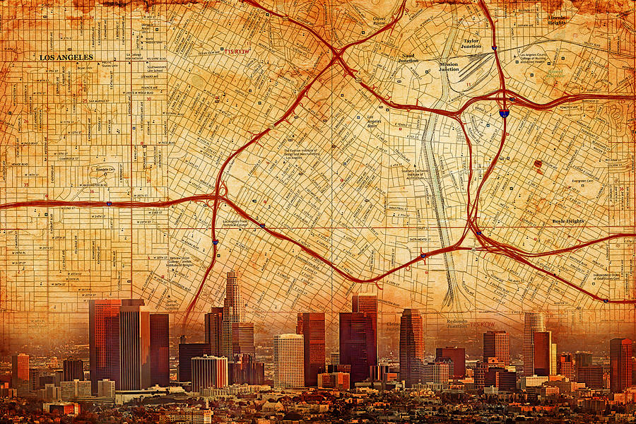 Map of Downtown Los Angeles and skyline blended on old paper Digital Art by Nicko Prints