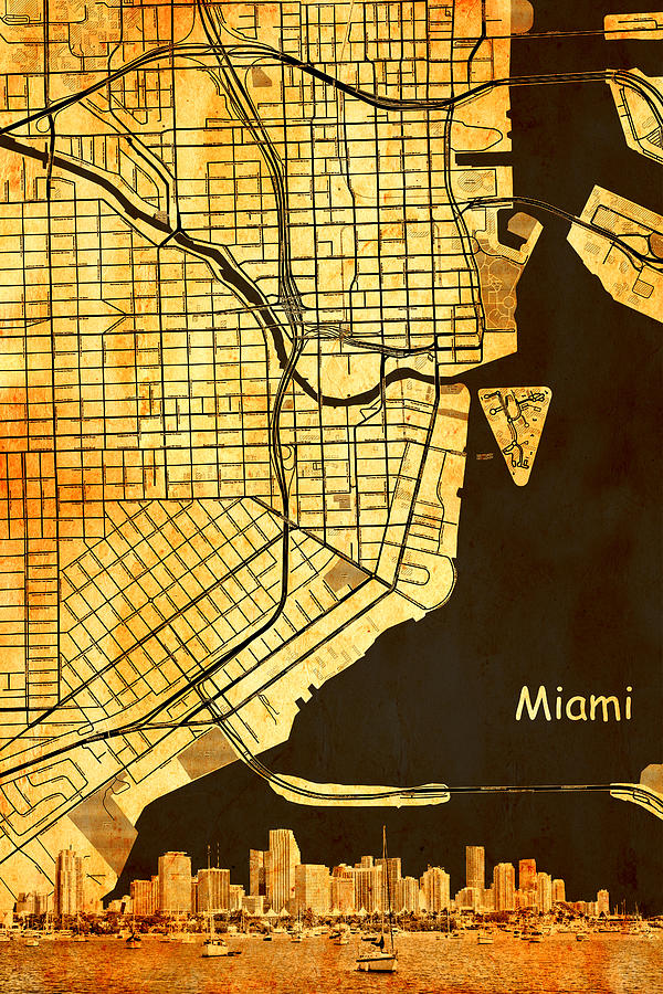 Map of downtown Miami with the skyline of the city blended on old paper Digital Art by Nicko Prints