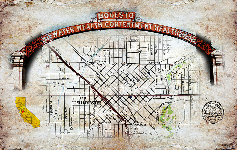 Map of downtown Modesto, California, and the Modesto Arch, on old paper