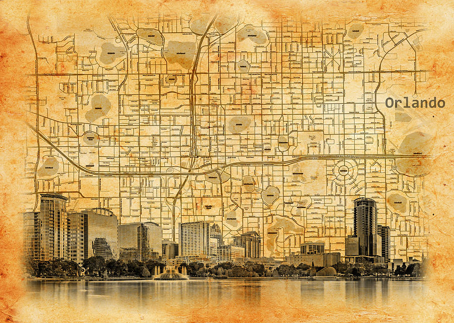 Map of downtown Orlando, Florida, and skyline blended on old paper Digital Art by Nicko Prints