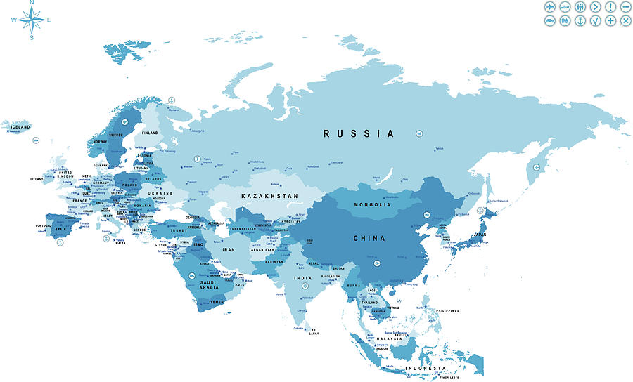 Map of Eurasia with countries and major cities marked Drawing by Kosmozoo
