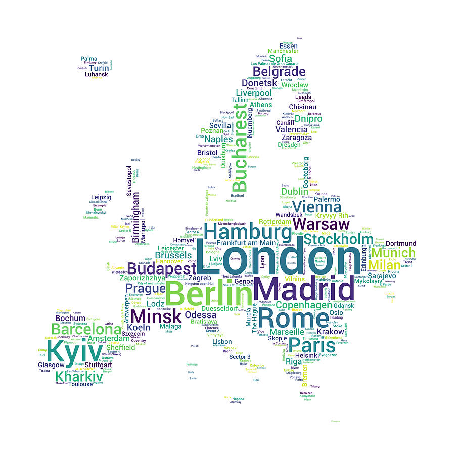 Map of Europe with Word Cloud of City Names Photograph by Alexios Ntounas