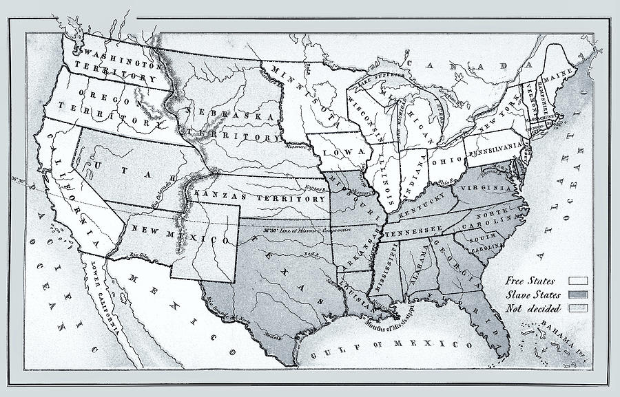 Map of free, slave and undecided states 1857 Photograph by Phil Cardamone