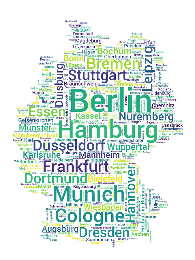 Map of Germany with Word Cloud of City Names Digital Art by Alexios Ntounas