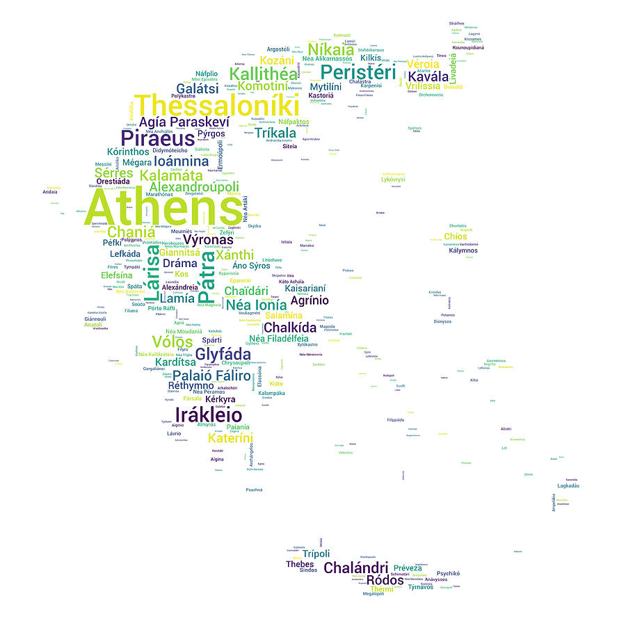 Map of Greece with Word Cloud of City Names Digital Art by Alexios Ntounas