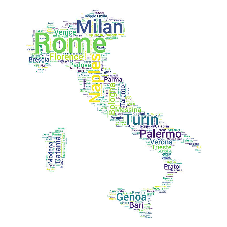 Map of Italy with Word Cloud of City Names Digital Art by Alexios Ntounas