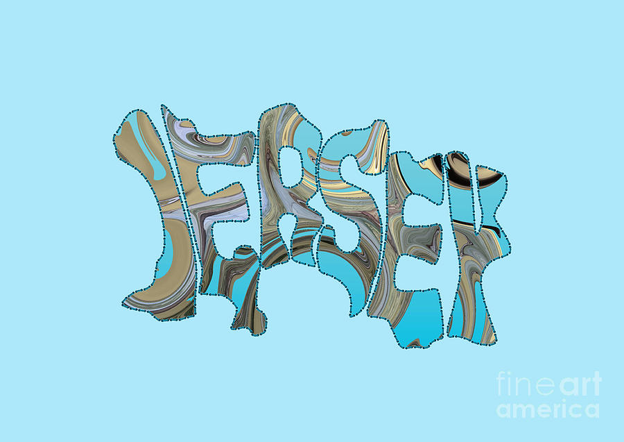 Map of Jersey Channel Islands in Turquoise Stitched Psychedelic Text  Digital Art by Barefoot Bodeez Art