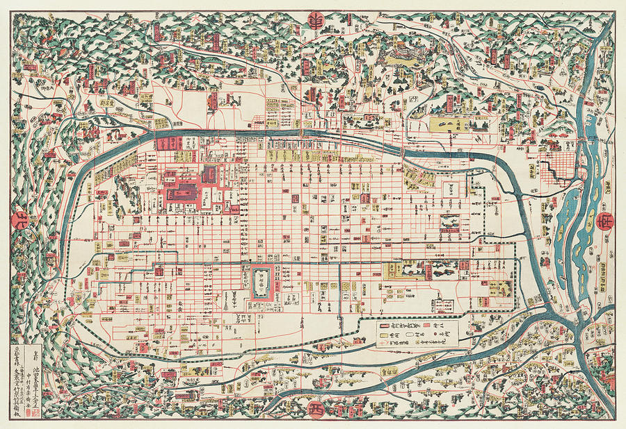 Map Drawing - Map of Kyoto 1863 by Takebara Kahei