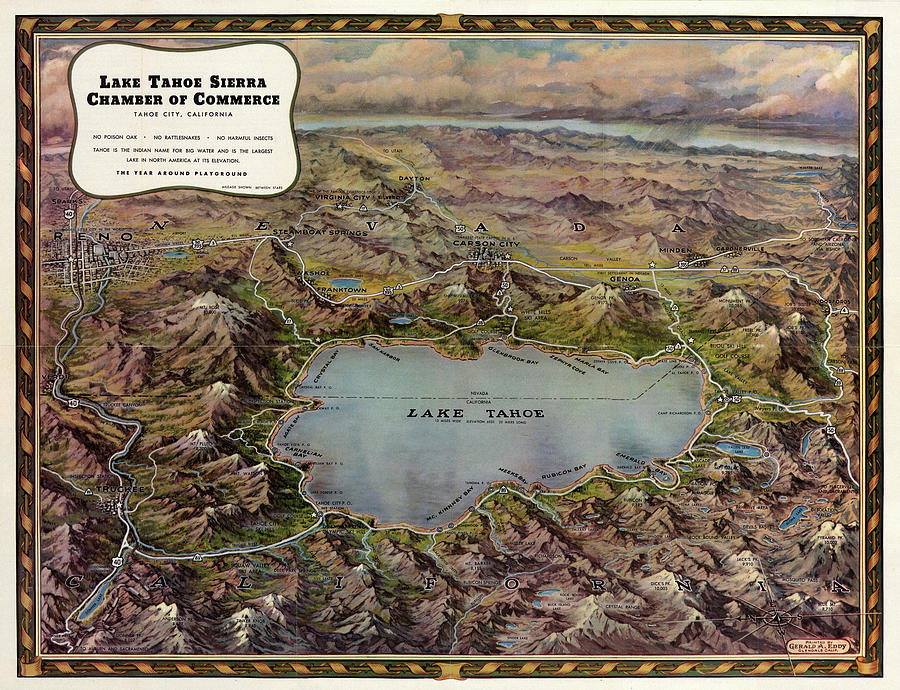 Map Of Lake Tahoe 1945 Photograph by Andrew Fare