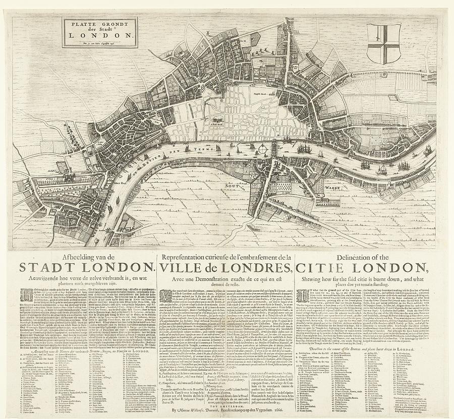 Map of London after the great fire of 1666, anonymous, 1666 Painting by ...