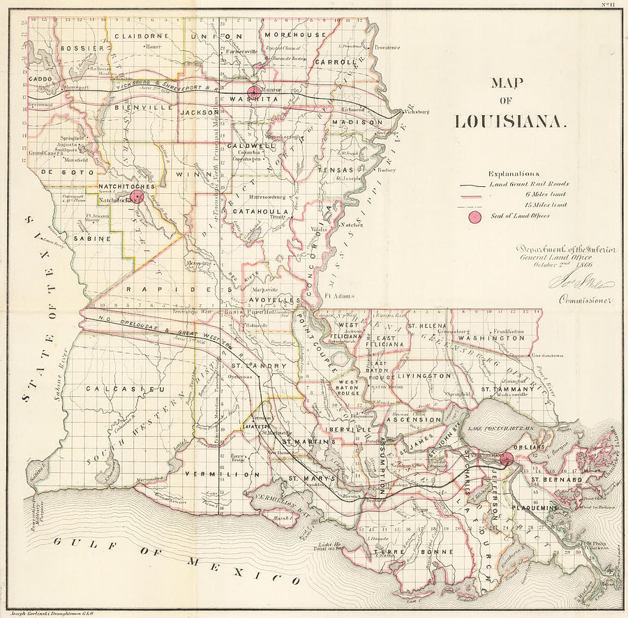 Map of Louisiana New York Painting by General Land Office | Fine Art ...