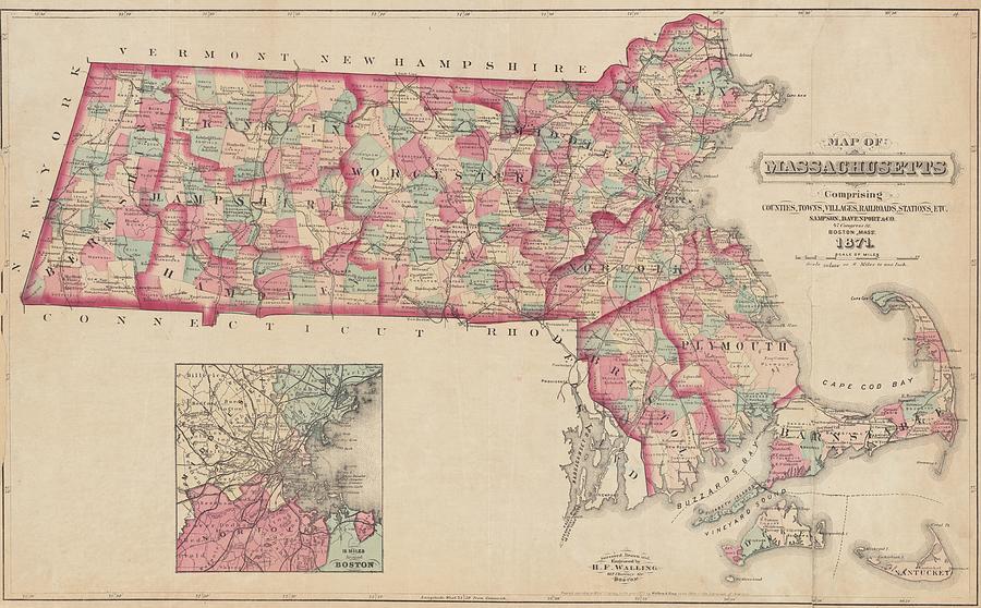 Map Of Massachusetts 1871 Drawing By Linda Howes Henry Francis Fine Art America 1493