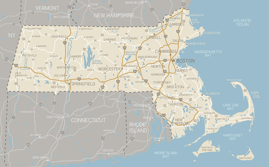 Map of Massachusetts with highways Drawing by Crossroadscreative