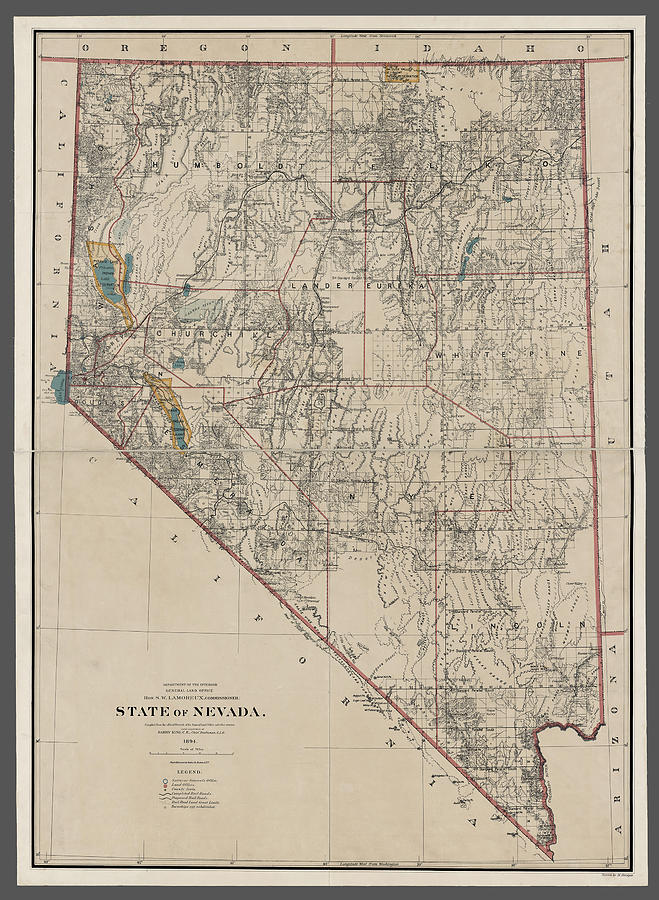 Map of Nevada, 1894 issued  by United States General Land Office Photograph by Phil Cardamone