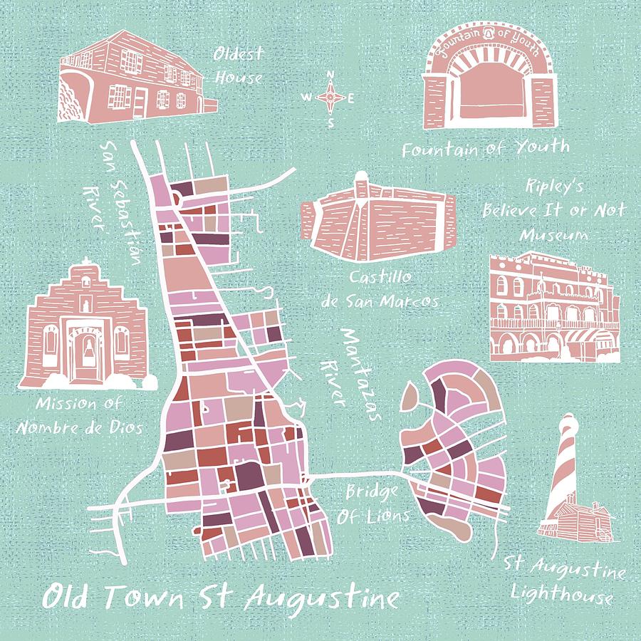 Map of Old Town St Augustine Painting by Marcy Brennan