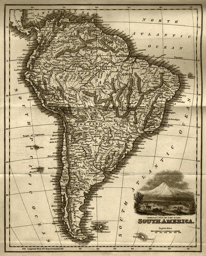 Map of South America (early 19th century steel engraving) Drawing by Whitemay